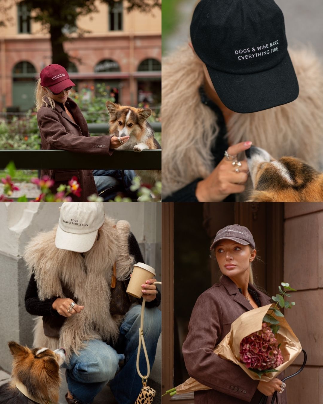 Collage of people wearing hats with various designs and text, interacting with dogs in an urban setting.