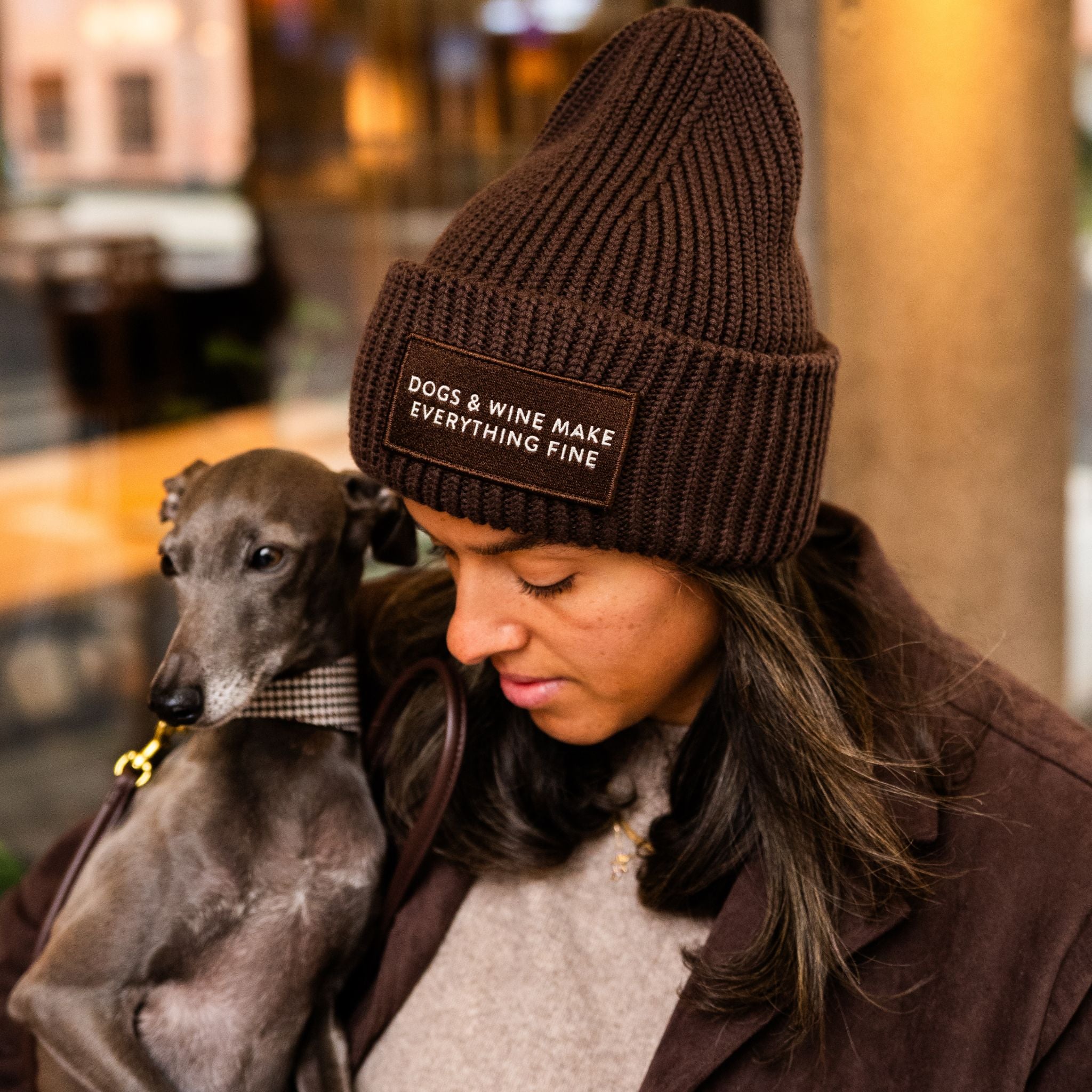 Dark Brown Wool Beanie - Dogs & Wine Make Everything Fine